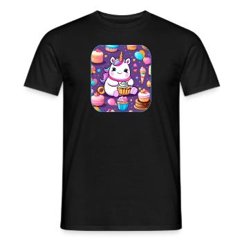 Niedliches dickes Einhorn mit Kuchen und Cup Cakes - Männer T-Shirt - Schwarz - Vorne - AI Model Male 178 light (178cm)