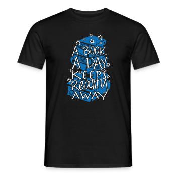 A book a day keeps reality away - Men's T-Shirt - black - Front - AI Model Male 178 light (178cm)
