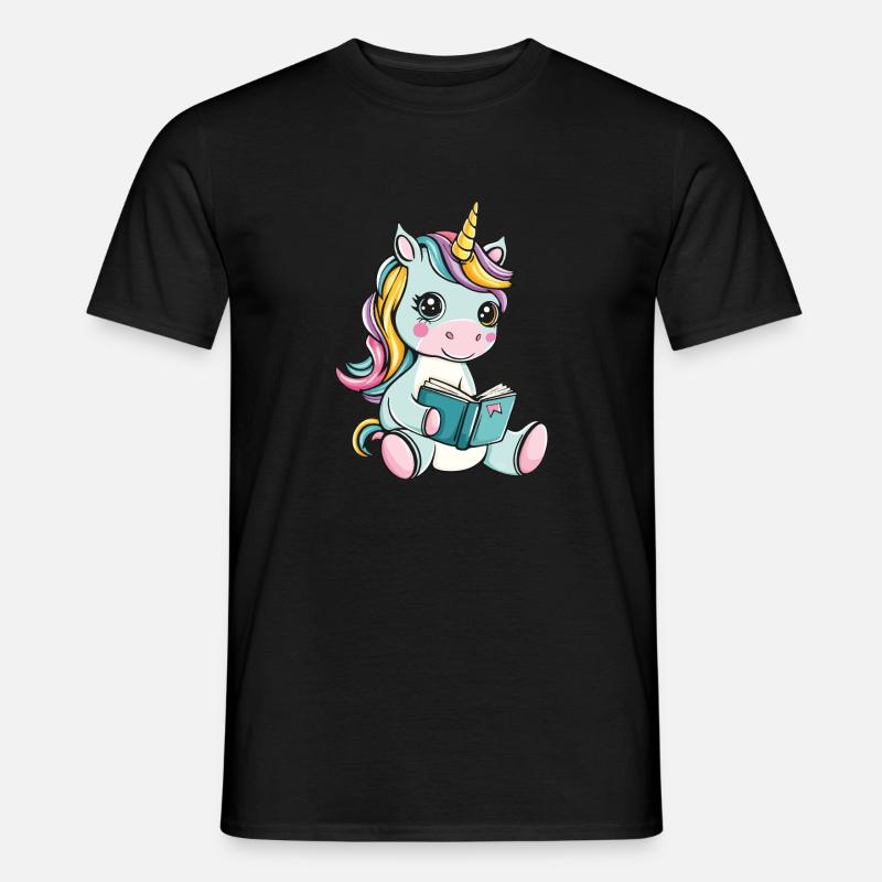 Einhorn mit Buch - Männer T-Shirt - Schwarz