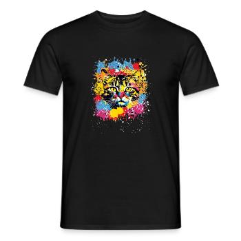 Colourful Cat with Coloured Paint Splashes - Men's T-Shirt - black - Front - AI Model Male 178 light (178cm)
