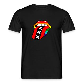 Gay pride rainbow mouth with tongue and Amsterdam logo - Men's T-Shirt - black - Front - AI Model Male 178 light (178cm)