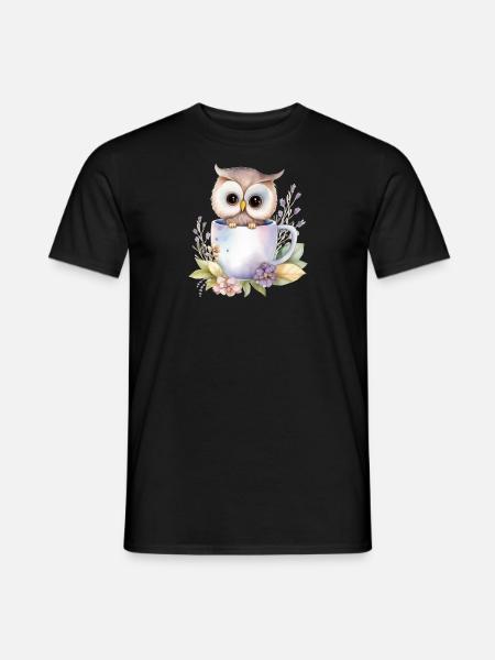 Hibou mignon avec des fleurs dans une tasse - T-shirt homme - noir