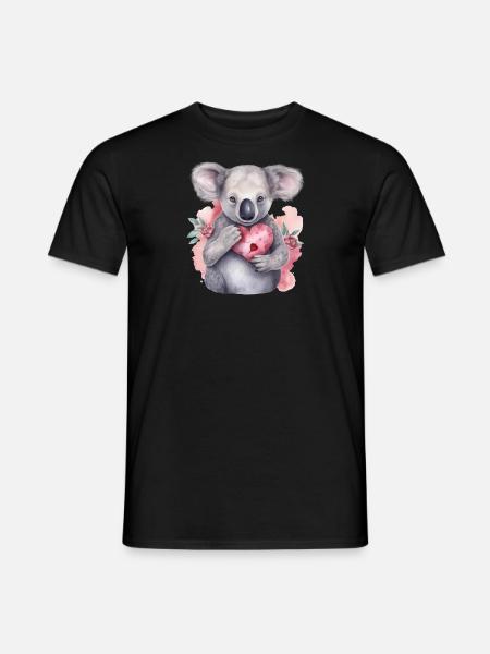Koala mignon et mignon avec amour de cœur et de fleurs - T-shirt homme - noir