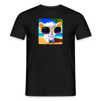 Naughty cat in sunglasses on the beach with sea - Men's T-Shirt - black - Front - AI Model Male 178 light (178cm)