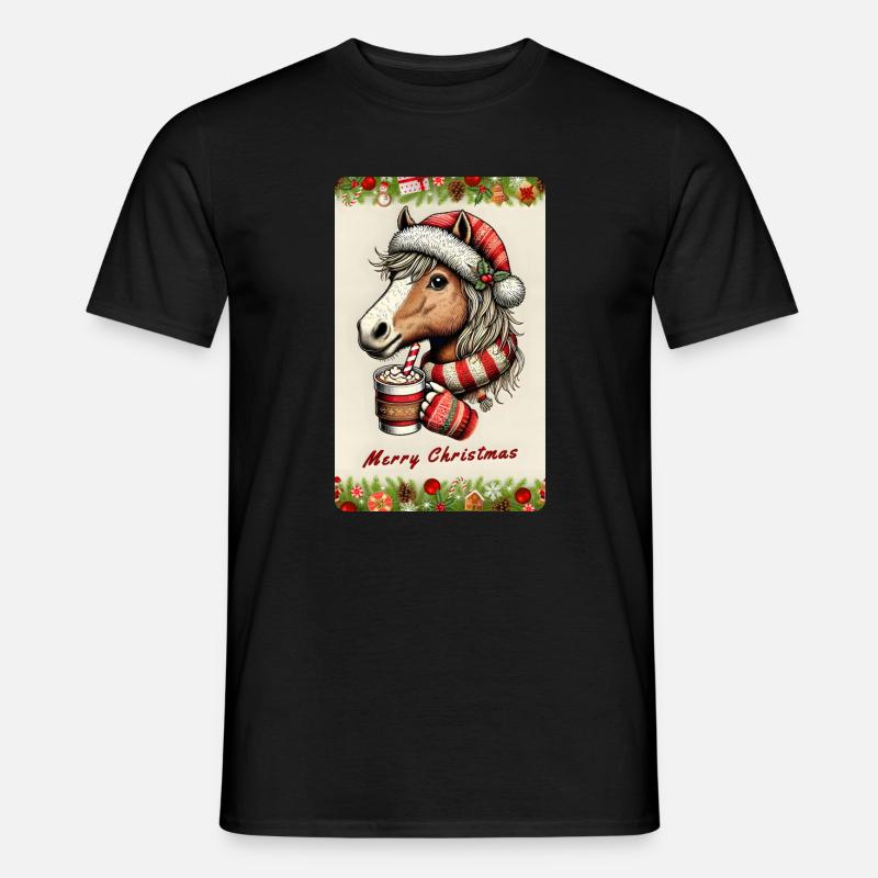 Weihnachtspferd mit heißer Schokolade - Männer T-Shirt - Schwarz