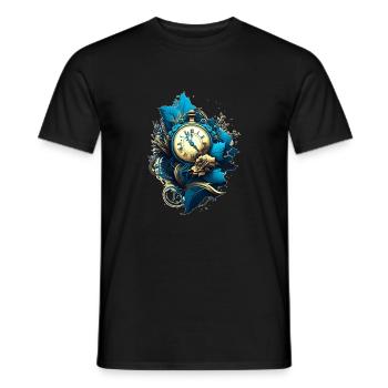 Mechanical old pocket watch and blue leaves - Men's T-Shirt - black - Front - AI Model Male 178 light (178cm)