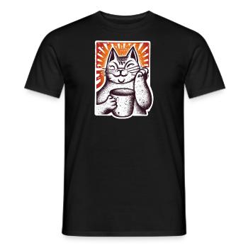 Katze hält Kaffeetasse im Retro Style - Männer T-Shirt - Schwarz - Vorne - AI Model Male 178 light (178cm)