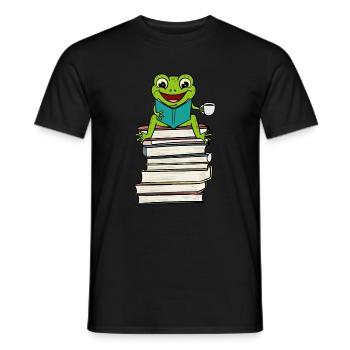 Frosch sitzt auf einem Buch, liest und trinkt - Männer T-Shirt - Schwarz - Vorne - AI Model Male 178 light (178cm)