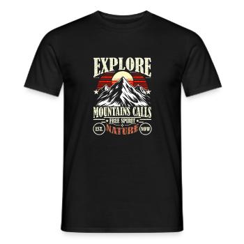 Explore Adventure Bold Mountains Calls Trekking - Men's T-Shirt - black - Front - AI Model Male 178 light (178cm)