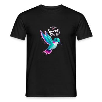 "Time to Sip Sweet Starts" Vibrant Hummingbird Art - Men's T-Shirt - black - Front - AI Model Male 178 light (178cm)