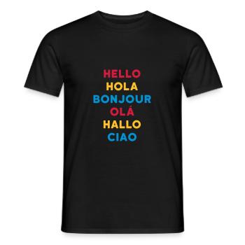 ★ Designfarben änderbar ★ Hello Hola Bonjour Olá - Männer T-Shirt - Schwarz - Vorne - AI Model Male 178 light (178cm)