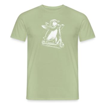 Drôle de pingouin sur une trottinette électrique - T-shirt homme - vert sauge - Devant - AI Model Male 178 light (178cm)