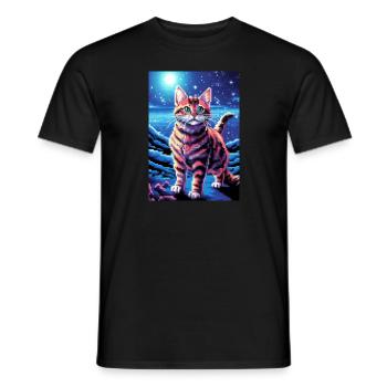 Kosmische Katze: Ein Pixelart-Abenteuer im Weltrau - Männer T-Shirt - Schwarz - Vorne - AI Model Male 178 light (178cm)