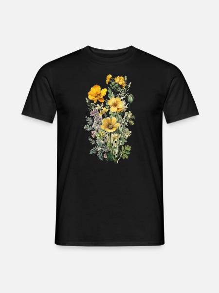 Beau bouquet d’herbier de fleurs bohèmes jaune - T-shirt homme - noir