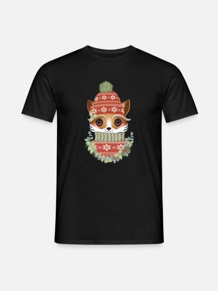 niedlicher Fuchs mit Pullover,Bommelmütze & Kranz - Männer T-Shirt - Schwarz