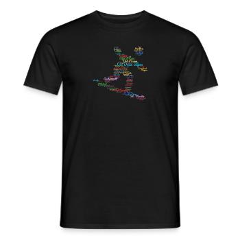 Ski Alp resorts, word cloud, snowboard - Men's T-Shirt - black - Front - AI Model Male 178 light (178cm)