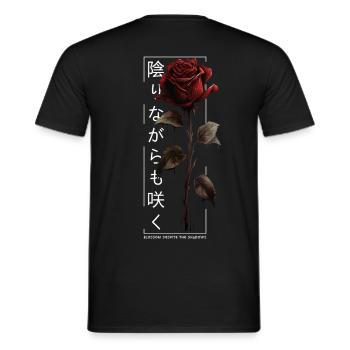 Blossom Despite The Shadow Rose Japanese Script - Men's T-Shirt - black - Back - AI Model Male 178 light (178cm)