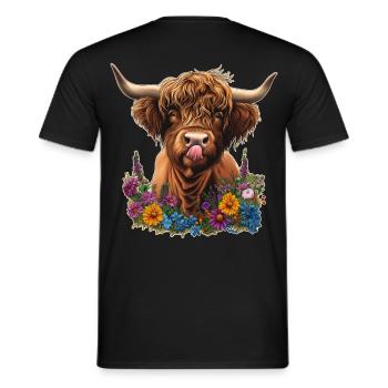 Bovins Highland avec des fleurs - T-shirt homme - noir - Dos - AI Model Male 178 light (178cm)