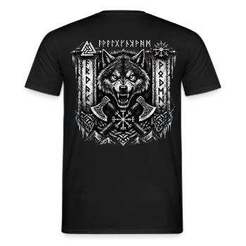 Fenrir Wolf mit Runen und Äxten – Noventra - Männer T-Shirt - Schwarz - Hinten - AI Model Male 178 light (178cm)