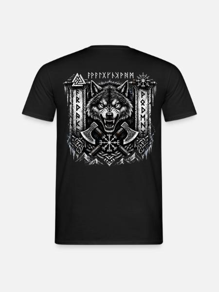 Fenrir Wolf mit Runen und Äxten – Noventra - Männer T-Shirt - Schwarz