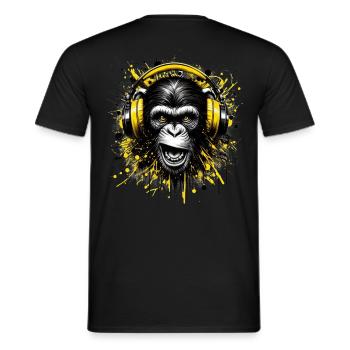 Affenkopf mit gelben Kopfhörern - 3D Farbklecks - Männer T-Shirt - Schwarz - Hinten - AI Model Male 178 light (178cm)