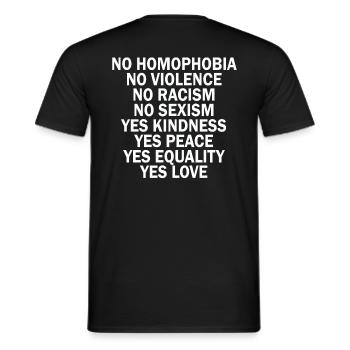 NO HOMOPHOBIA. NO VIOLENCE. NO RACISM. NO SEXISM. - Men's T-Shirt - black - Back - AI Model Male 178 light (178cm)