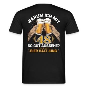 Pourquoi est-ce que j’ai l’air si bien à 48 ans ? La bière vous garde jeune - T-shirt homme - noir - Dos - AI Model Male 178 light (178cm)