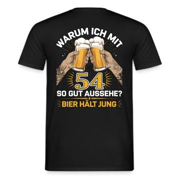 Pourquoi est-ce que j’ai l’air si bien à 54 ans ? La bière vous garde jeune - T-shirt homme - noir - Dos - AI Model Male 178 light (178cm)