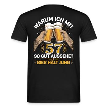 Pourquoi est-ce que j’ai l’air si bien à 57 ans ? La bière vous garde jeune - T-shirt homme - noir - Dos - AI Model Male 178 light (178cm)
