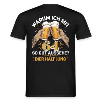 Pourquoi est-ce que j’ai l’air si bien à 64 ans ? La bière vous garde jeune - T-shirt homme - noir - Dos - AI Model Male 178 light (178cm)