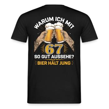 Pourquoi est-ce que j’ai l’air si bien à 67 ans ? La bière vous garde jeune - T-shirt homme - noir - Dos - AI Model Male 178 light (178cm)