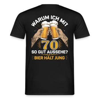 Pourquoi est-ce que j’ai l’air si bien à 70 ans ? La bière vous garde jeune - T-shirt homme - noir - Dos - AI Model Male 178 light (178cm)