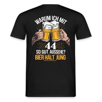 Pourquoi est-ce que j’ai l’air si bien à 44 ans ? La bière vous garde jeune - T-shirt homme - noir - Dos - AI Model Male 178 light (178cm)