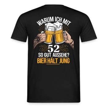 Pourquoi est-ce que j’ai l’air si bien à 52 ans ? La bière vous garde jeune - T-shirt homme - noir - Dos - AI Model Male 178 light (178cm)