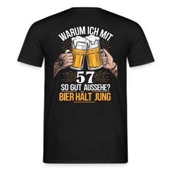Pourquoi est-ce que j’ai l’air si bien à 57 ans ? La bière vous garde jeune - T-shirt homme - noir - Dos - AI Model Male 178 light (178cm)