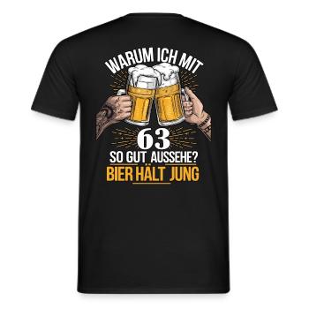 Pourquoi est-ce que j’ai l’air si bien à 63 ans ? La bière vous garde jeune - T-shirt homme - noir - Dos - AI Model Male 178 light (178cm)