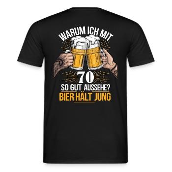 Pourquoi est-ce que j’ai l’air si bien à 70 ans ? La bière vous garde jeune - T-shirt homme - noir - Dos - AI Model Male 178 light (178cm)
