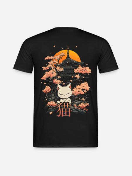 Neko - japanische Katze und sakura - Männer T-Shirt - Schwarz
