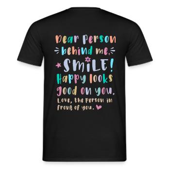 Chère personne derrière moi, Sourire, Heureux debout - T-shirt homme - noir - Dos - AI Model Male 178 light (178cm)