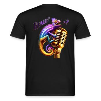 Lila-goldenes Chameleon auf Mikrofon Really - Männer T-Shirt - Schwarz - Hinten - AI Model Male 178 light (178cm)