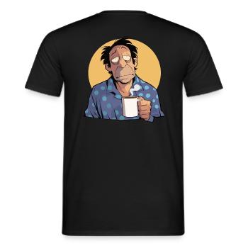Mann verschlafen, Kaffee in der Hand - Männer T-Shirt - Schwarz - Hinten - AI Model Male 178 light (178cm)
