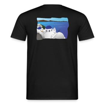 Santorini and its blue rooftops - Men's T-Shirt - black - Back - AI Model Male 178 light (178cm)