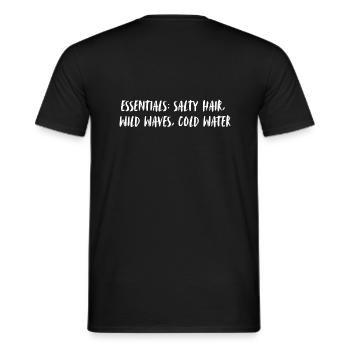 Essentials: salty hair, wild waves, cold water. - Men's T-Shirt - black - Back - AI Model Male 178 light (178cm)
