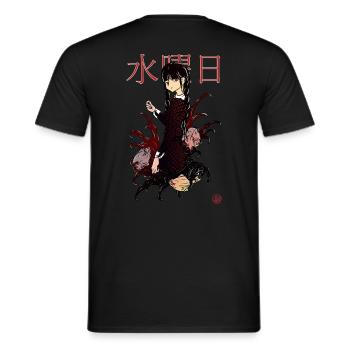 Wednesday and piranhas in manga - Men's T-Shirt - black - Back - AI Model Male 178 light (178cm)