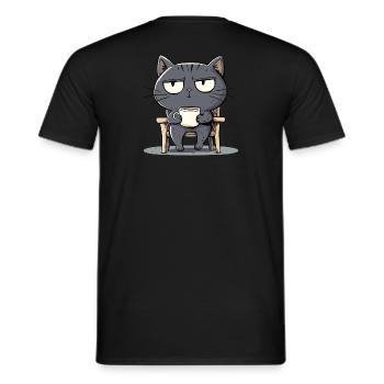 Grauer Kater sitzend auf dem Stuhl mit Kaffee - Männer T-Shirt - Schwarz - Hinten - AI Model Male 178 light (178cm)