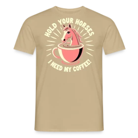 Maquette de T-shirt homme « T-shirt Humour Café - Halte les Chevaux, J'ai Besoin de Café ! » à imprimer et personnaliser