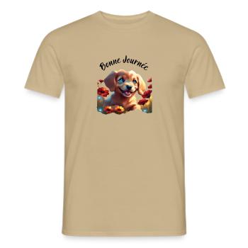 Chiot aux yeux bleus "bonne journée" - T-shirt homme - beige sable - Devant - AI Model Male 178 light (178cm)