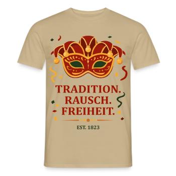 Tradition. Intoxication. Freedom. – Carnival mask - Men's T-Shirt - sand beige - Front - AI Model Male 178 light (178cm)