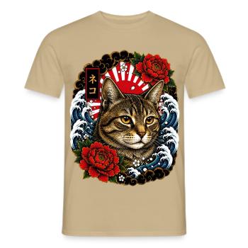 Katze im japanischen Irezumi Tattoo Stil - Männer T-Shirt - Sandbeige - Vorne - AI Model Male 178 light (178cm)