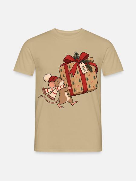 Christmas Mouse With Gift - Männer T-Shirt - Sandbeige